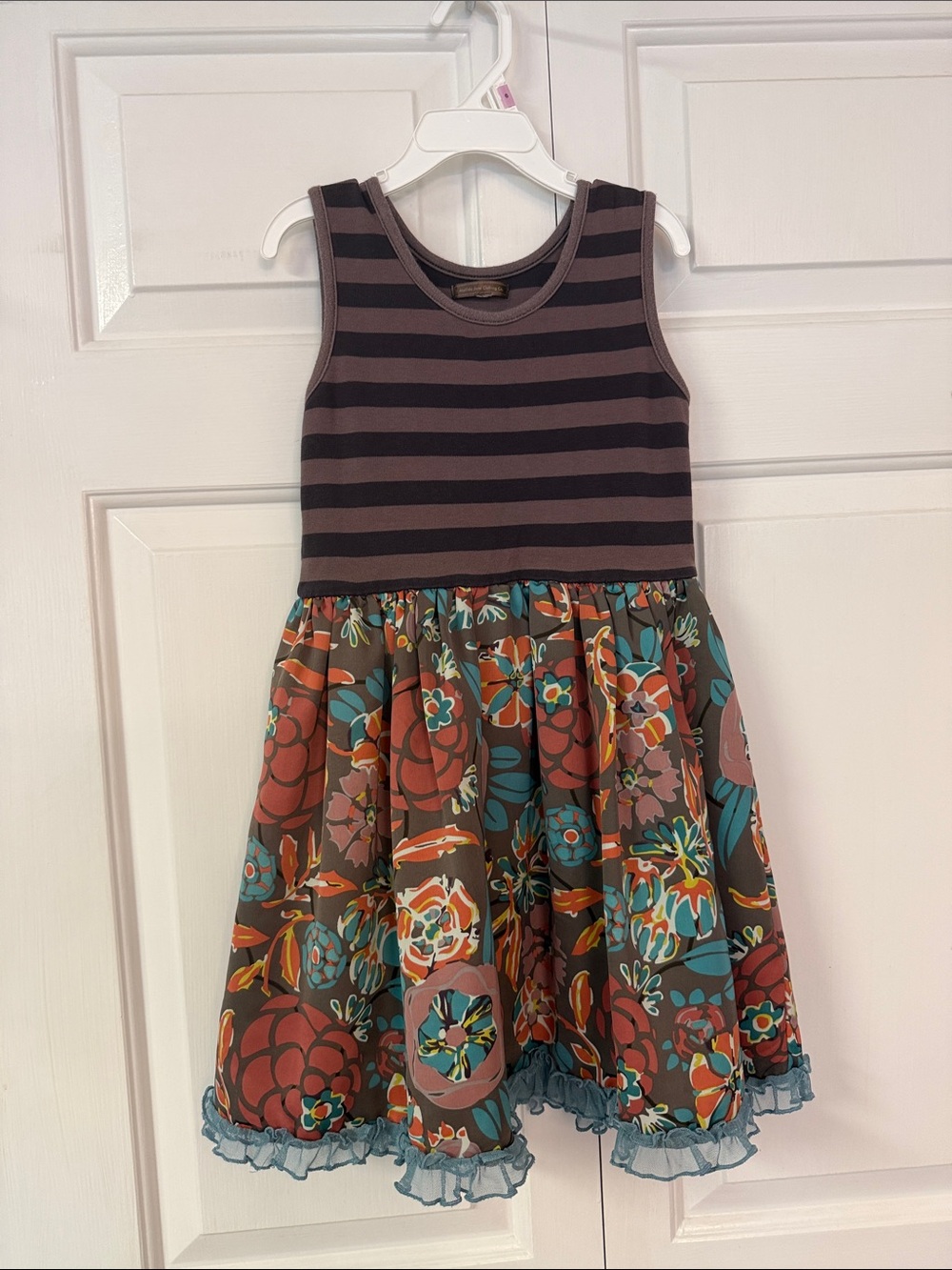 Matilda Jane Brown Striped Bodice Floral Skirt Dress with Teal Accents